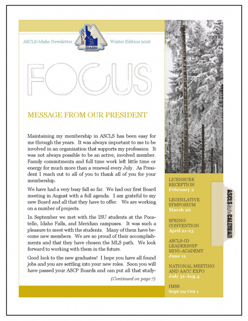 ASCLS-Idaho FOCUS Newsletter Winter 2016